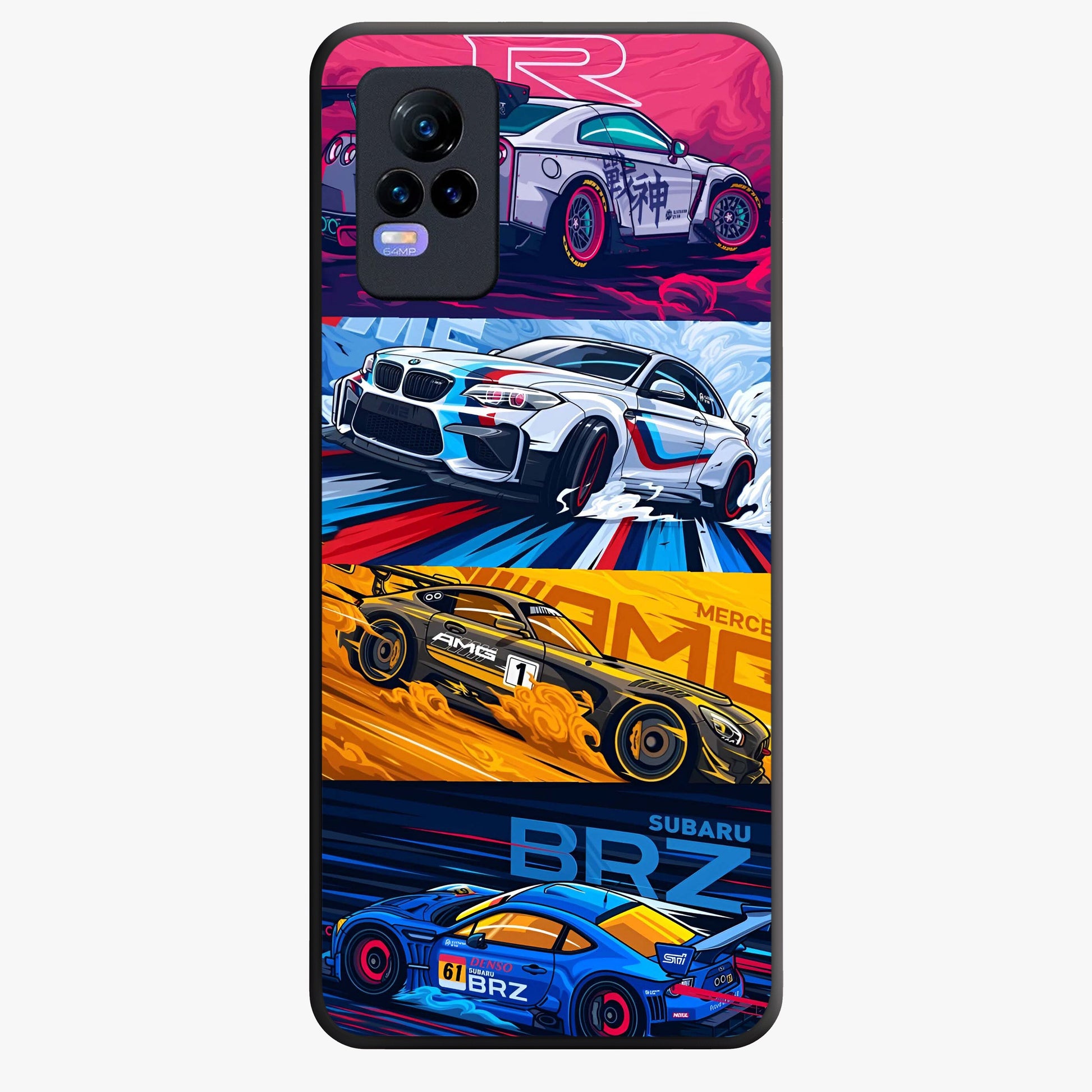 JDM Sports Car Glass Case showing flat back view with high performance sports car artwork and glossy glass finish.