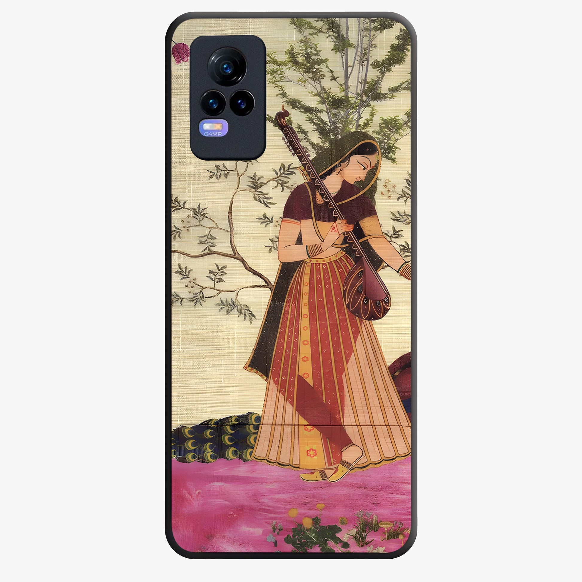 Lady With Veena Art Glass Case showing flat back view with elegant woman playing veena artwork and glossy glass finish.