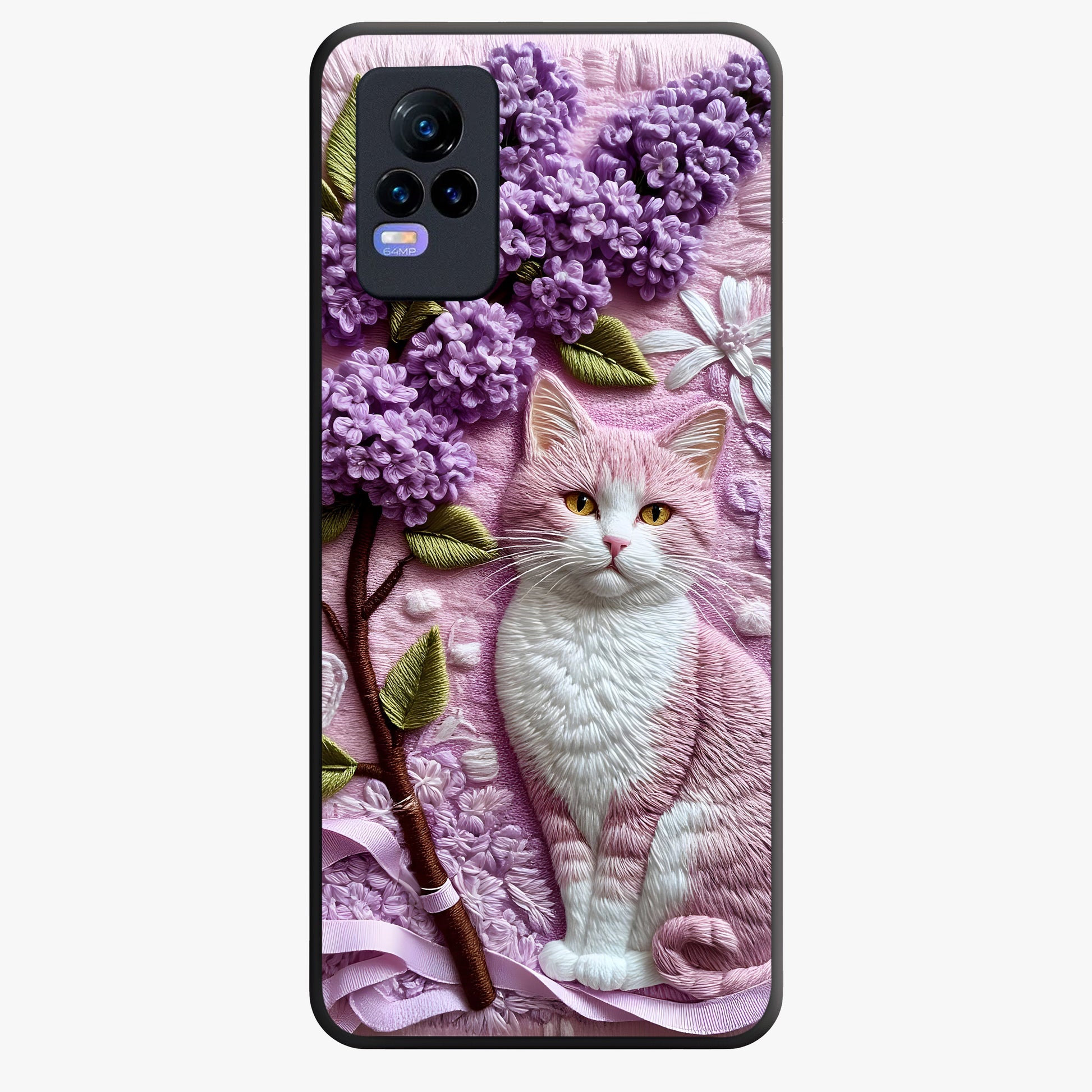 Lavender Cat Whimsy Glass Case showing flat back view with cute lavender cat artwork and glossy glass finish.