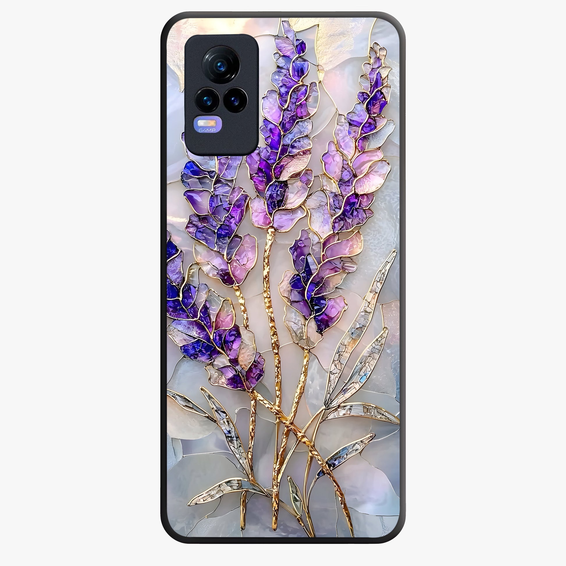 Lavender Dream Glow Glass Case showing flat back view with glowing lavender aesthetic artwork and glossy glass finish.