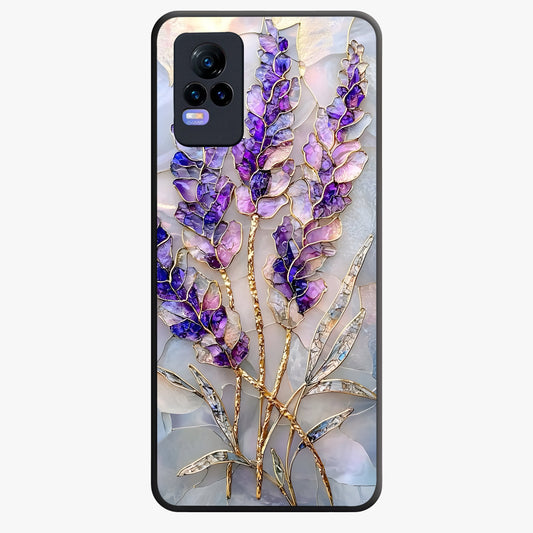 Lavender Dream Glow Glass Case showing flat back view with glowing lavender aesthetic artwork and glossy glass finish.