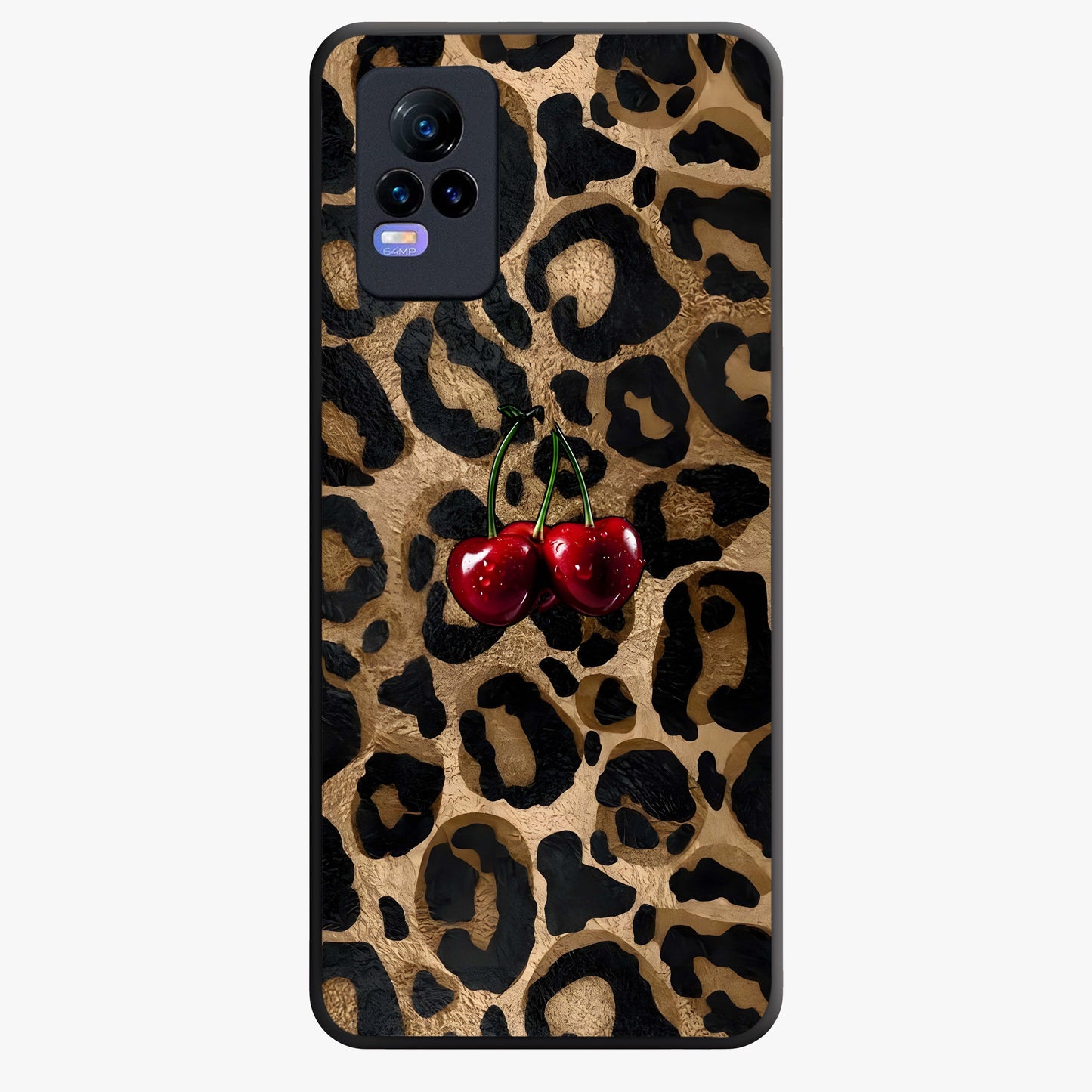 Leopard Wild Cherry Glass Case showing flat back view with leopard pattern and cherry artwork and glossy glass finish.
