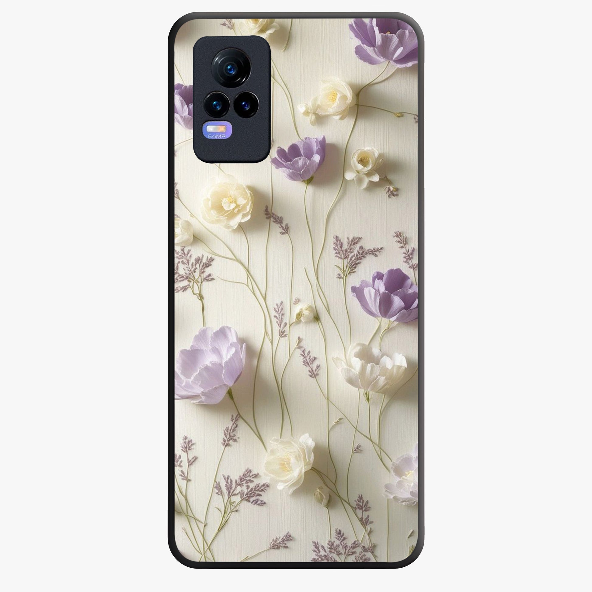 Lilac Breeze Harmony Glass Case showing flat back view with soft lilac themed artwork and glossy glass finish.