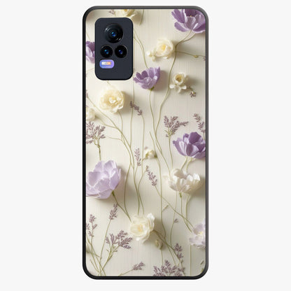 Lilac Breeze Harmony Glass Case showing flat back view with soft lilac themed artwork and glossy glass finish.