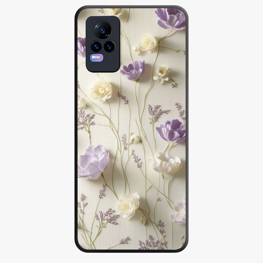 Lilac Breeze Harmony Glass Case showing flat back view with soft lilac themed artwork and glossy glass finish.