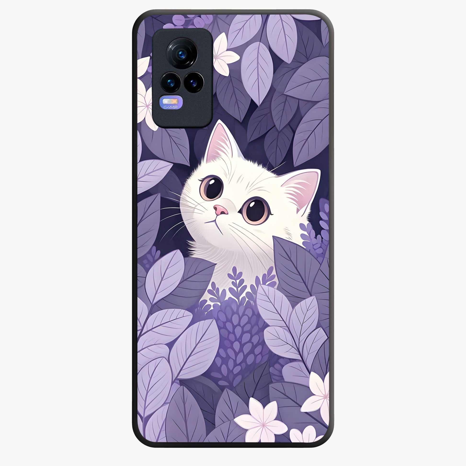 Lilac Hide Peek Cat Glass Case showing flat back view with cute peeking cat artwork and glossy glass finish.