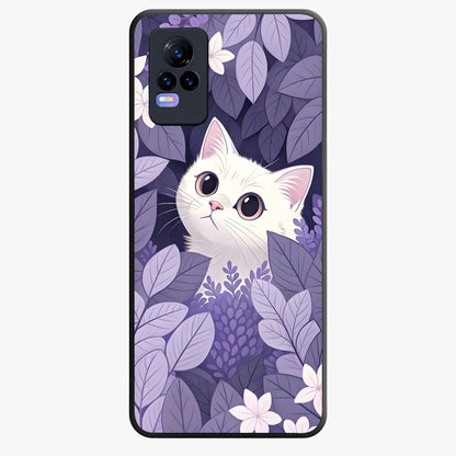 Lilac Hide Peek Cat Glass Case showing flat back view with cute peeking cat artwork and glossy glass finish.