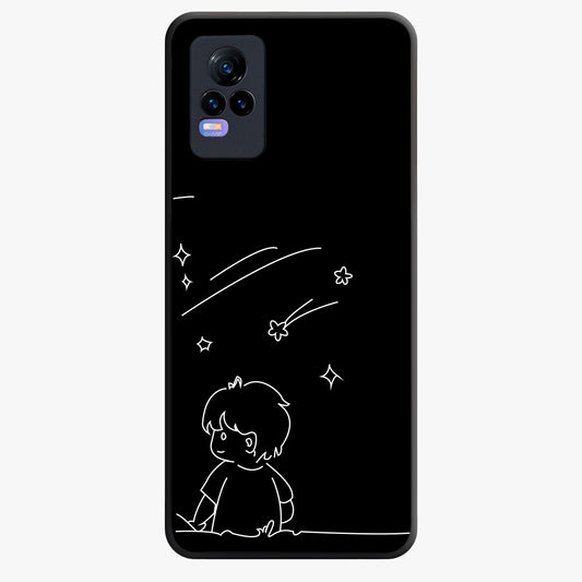Line Art Boy With Shooting Stars Glass Case showing flat back view with minimal line art boy and shooting stars illustration and glossy glass finish.