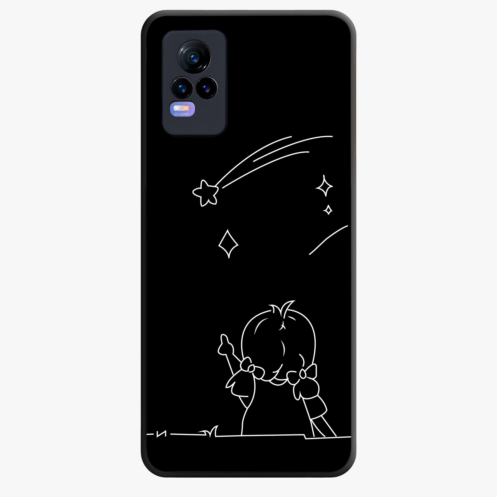 Line Art Girl With Shooting Stars Glass Case showing flat back view with minimal line art girl and shooting stars illustration and glossy glass finish.