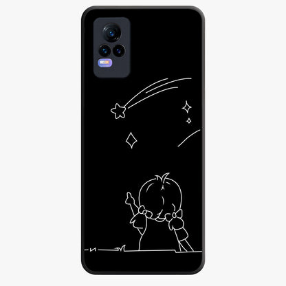 Line Art Girl With Shooting Stars Glass Case showing flat back view with minimal line art girl and shooting stars illustration and glossy glass finish.