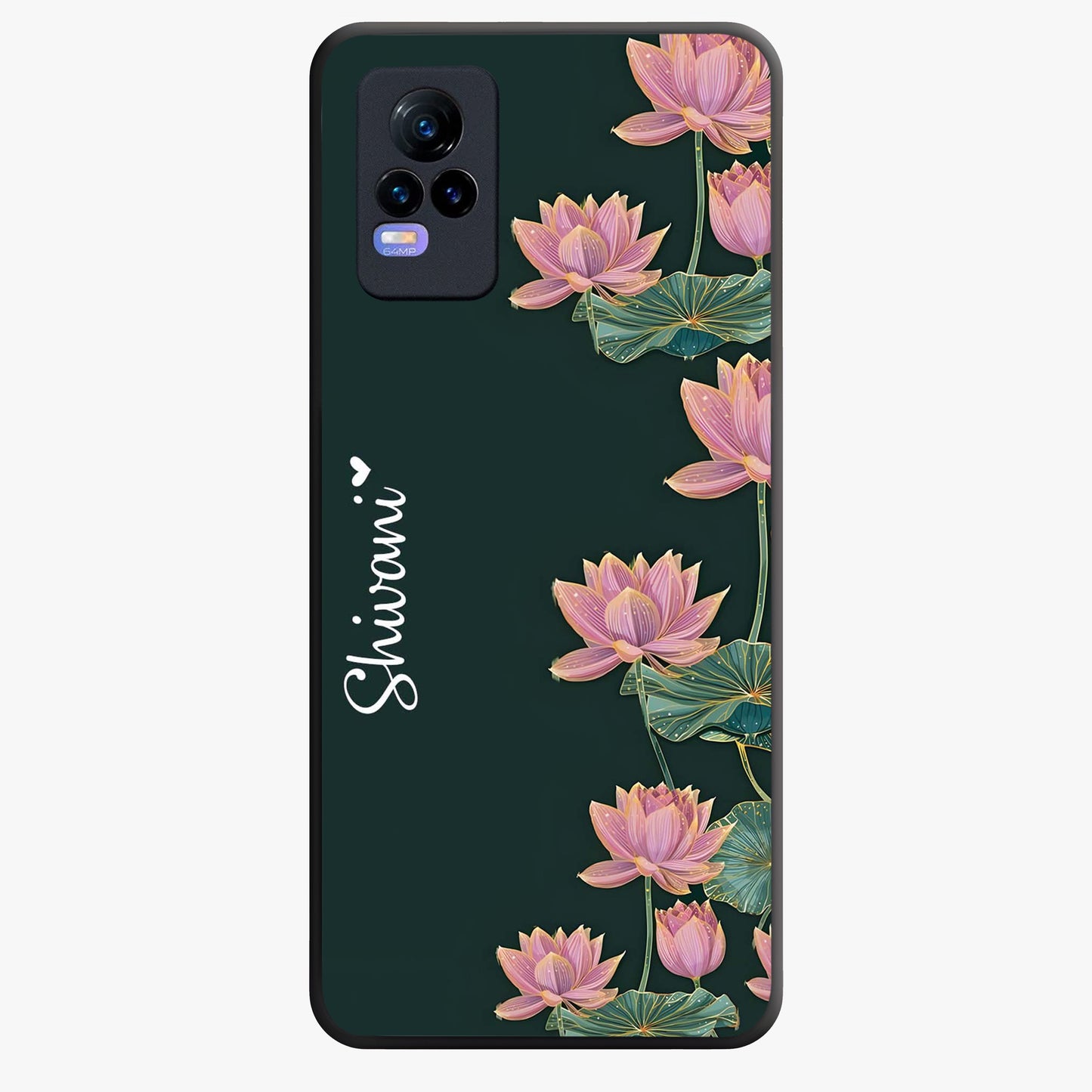 Lotus Bloom Serenity Custom Name Glass Case showing flat back view with elegant lotus flower artwork and personalized name design.