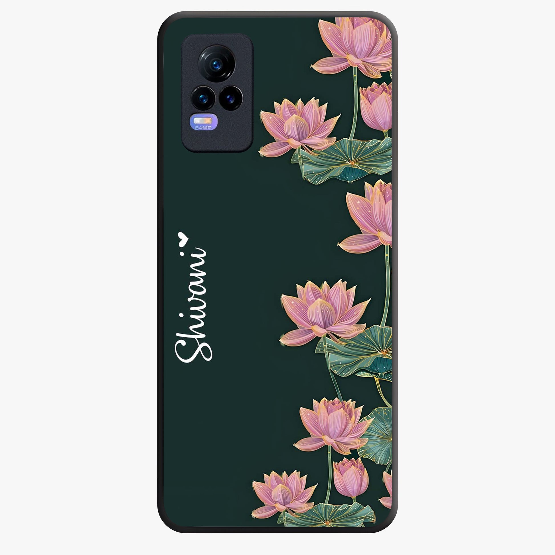 Lotus Bloom Serenity Custom Name Glass Case showing flat back view with elegant lotus flower artwork and personalized name design.