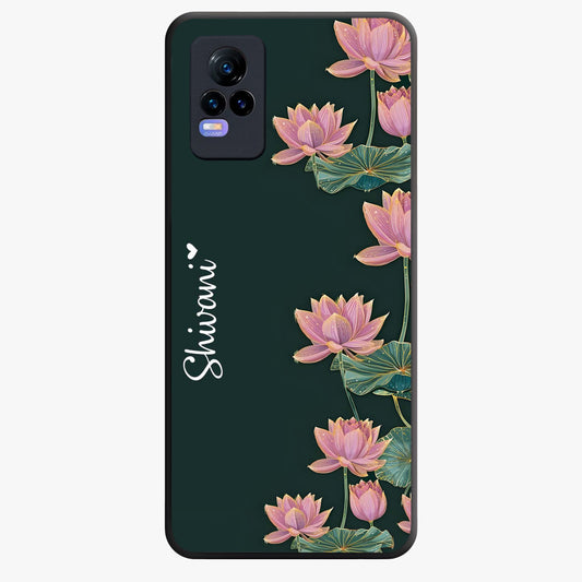 Lotus Bloom Serenity Custom Name Glass Case showing flat back view with elegant lotus flower artwork and personalized name design.