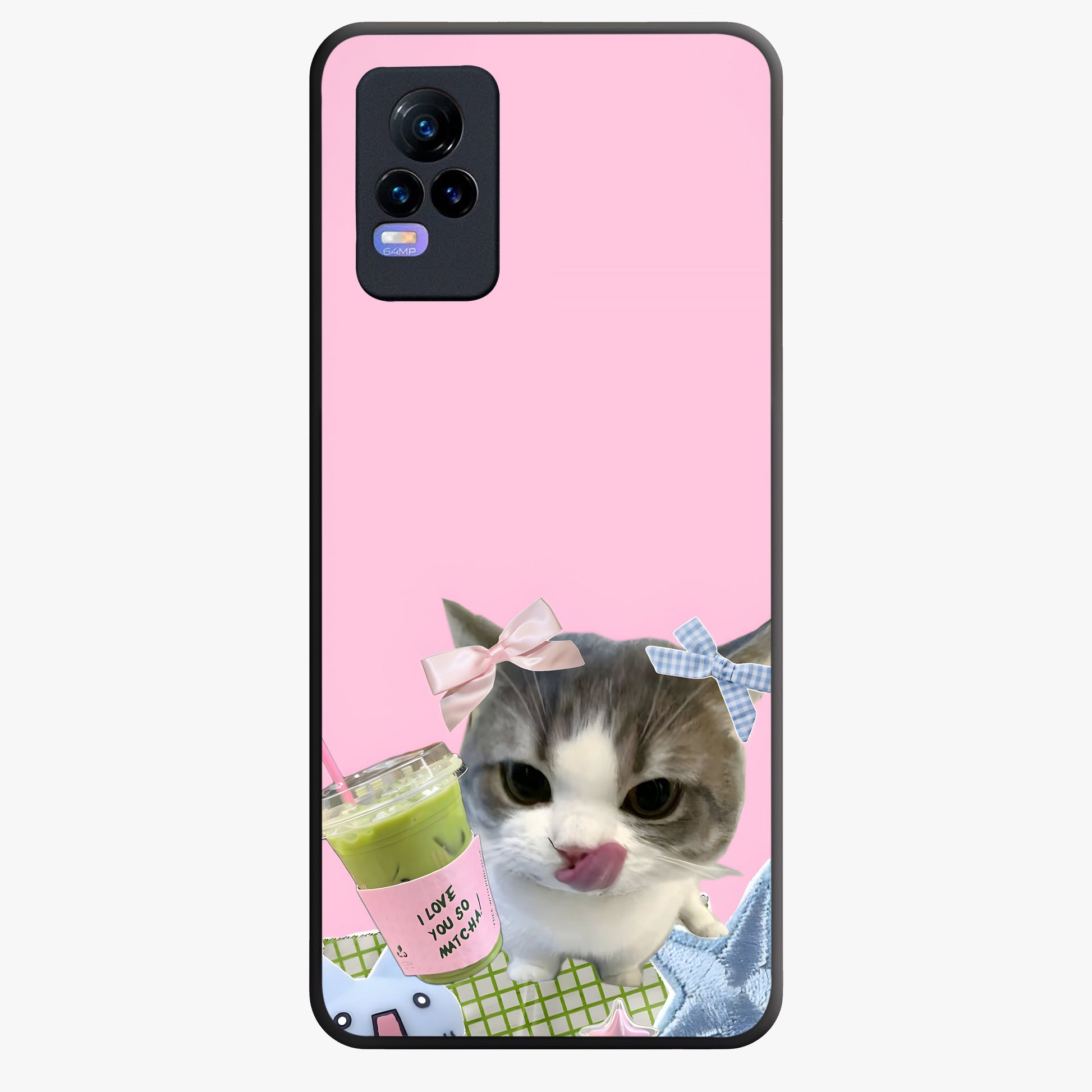 Love Matcha Cat Glass Case showing flat back view with cute cat and matcha themed artwork and glossy glass finish.