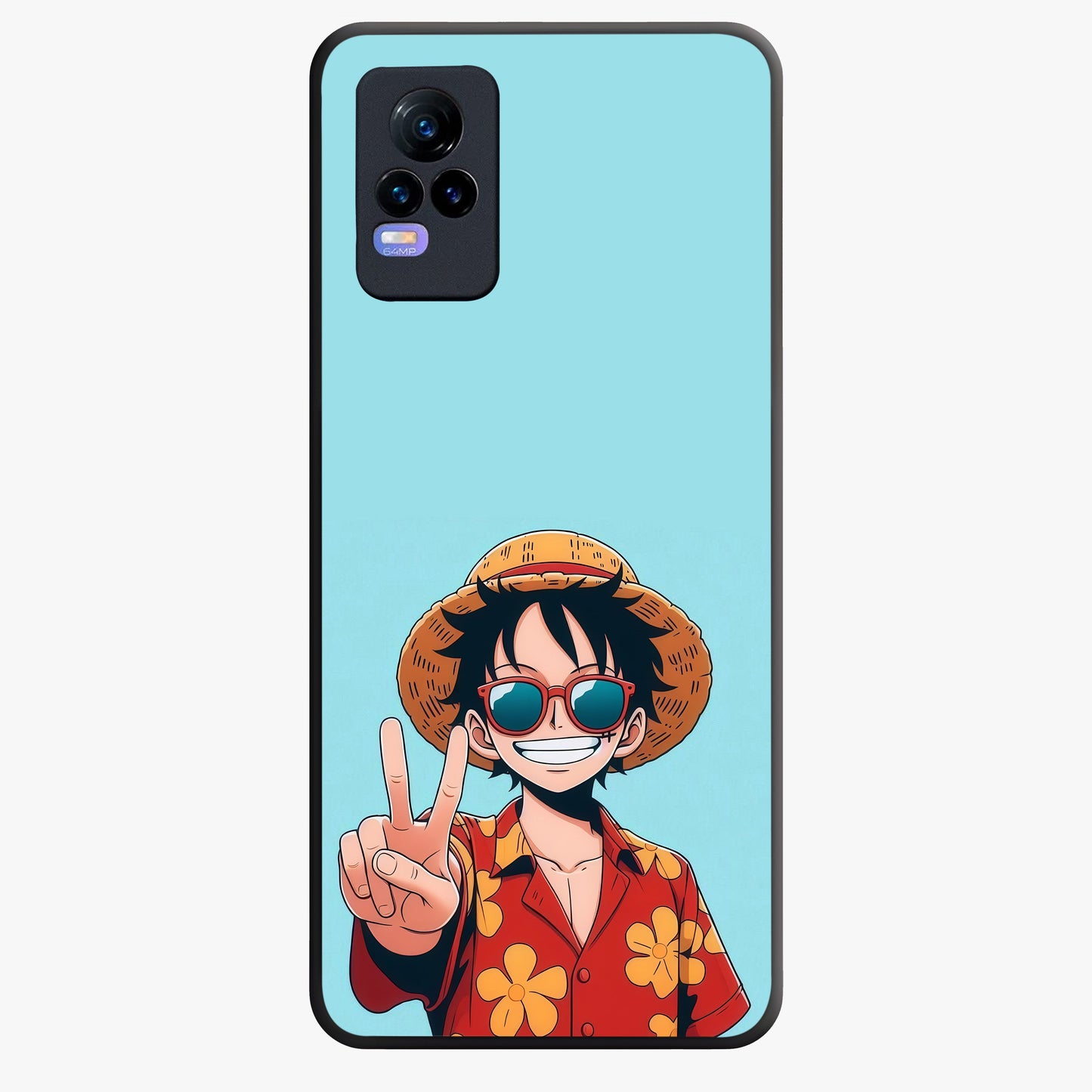 Luffy Summer Anime Vibe Glass Case showing flat back view with vibrant anime character artwork and glossy glass finish.