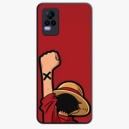 Luffy X Spirit Glass Case showing flat back view with bold anime character artwork and glossy glass finish.