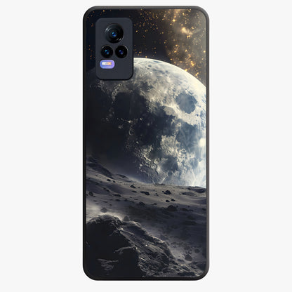 Lunar Horizon Glow Glass Case showing flat back view with glowing moon horizon artwork and glossy glass finish.