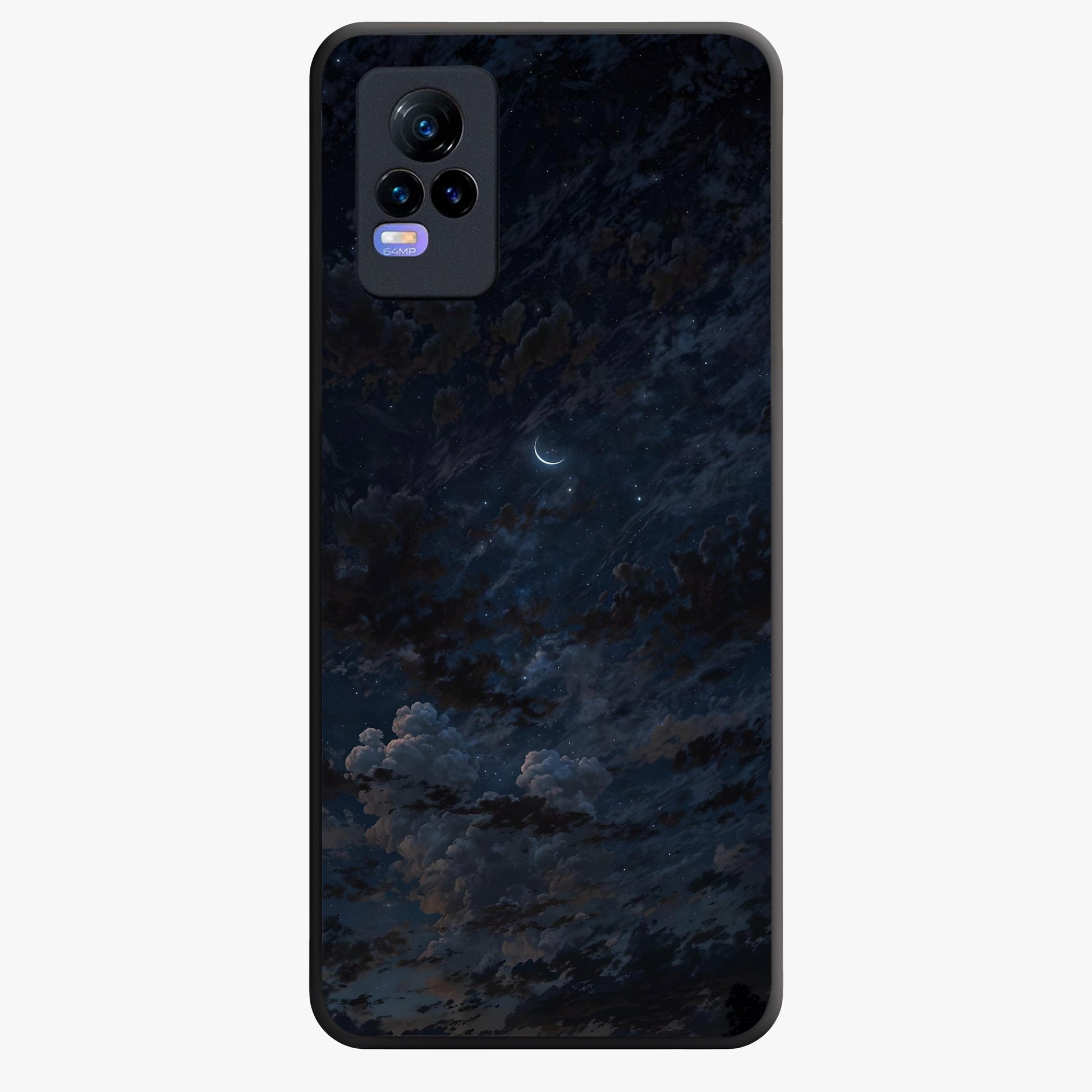 Lunar Veil Silence Glass Case showing flat back view with mystical moon veil artwork and glossy glass finish.