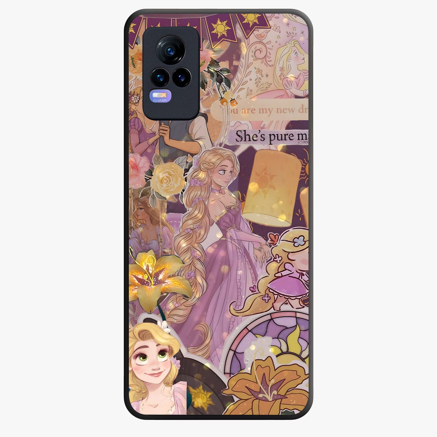 Magical Tangled Dream Glass Case showing flat back view with dreamy tangled artwork and glossy glass finish.