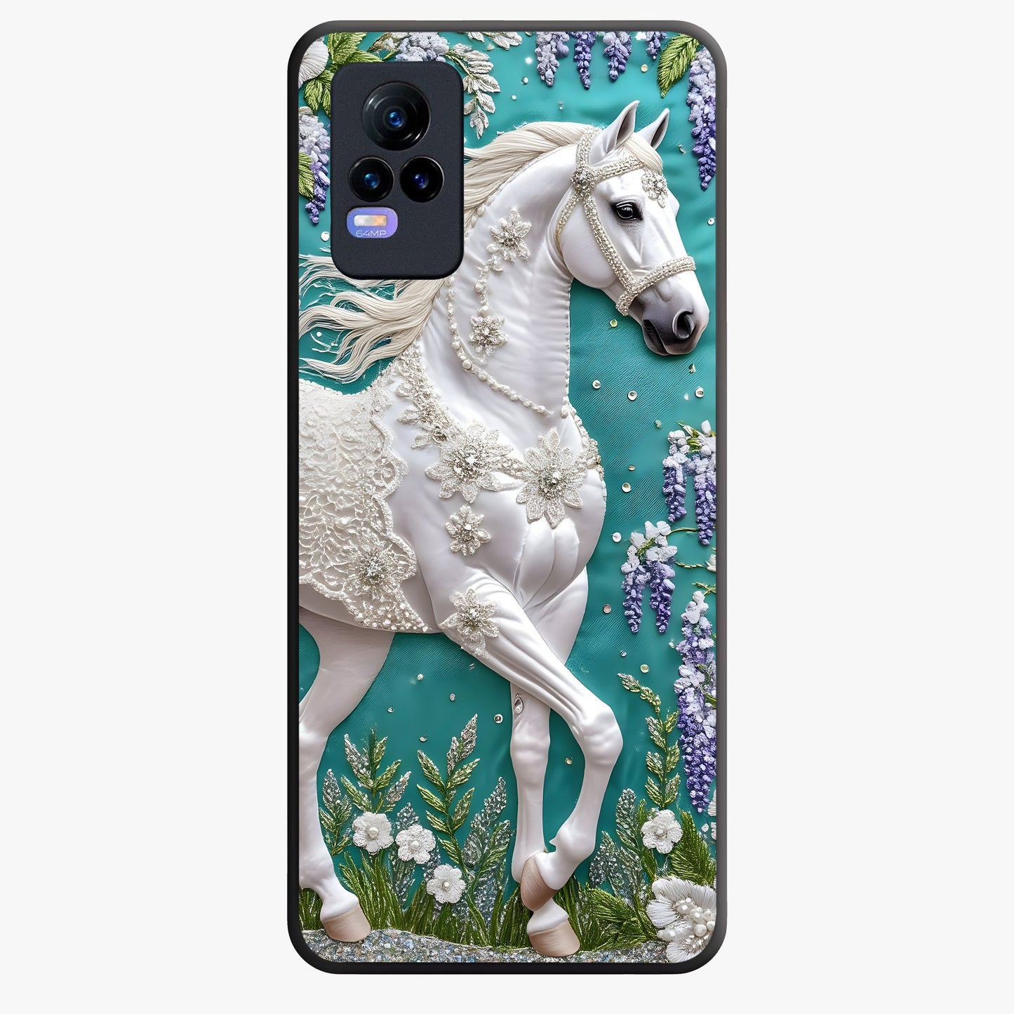 Majestic Floral Stallion Glass Case showing flat back view with powerful horse and floral artwork and glossy glass finish.