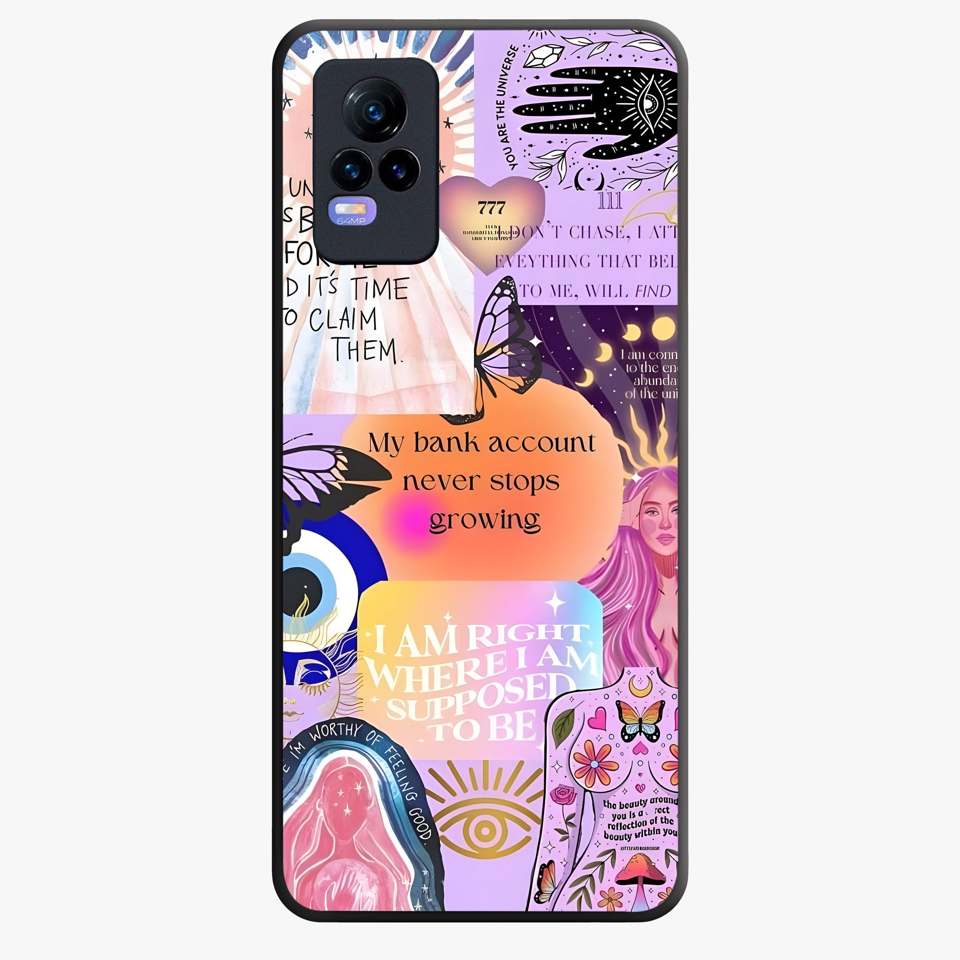 Manifestation Collage Glass Case showing flat back view with motivational collage artwork and glossy glass finish.