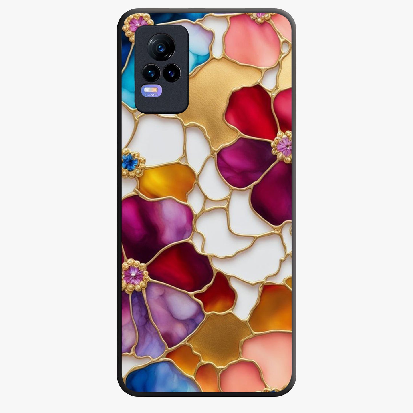 Marble Flower Pattern Glass Case showing flat back view with marble texture floral artwork and glossy glass finish.
