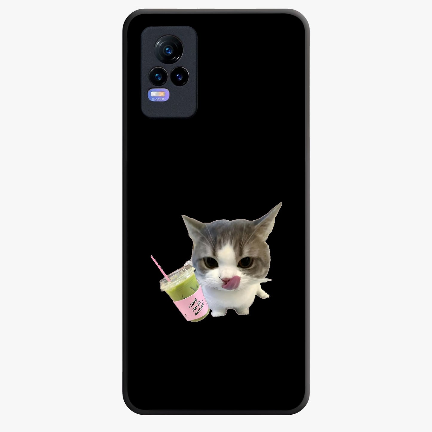 Matcha Cat Style Glass Case showing flat back view with cute matcha themed cat artwork and glossy glass finish.