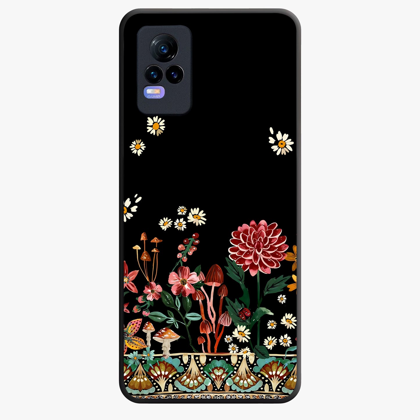 Midnight Bloom Pattern Glass Case showing flat back view with dark floral pattern artwork and glossy glass finish.
