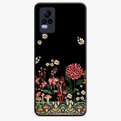 Midnight Bloom Pattern Glass Case showing flat back view with dark floral pattern artwork and glossy glass finish.