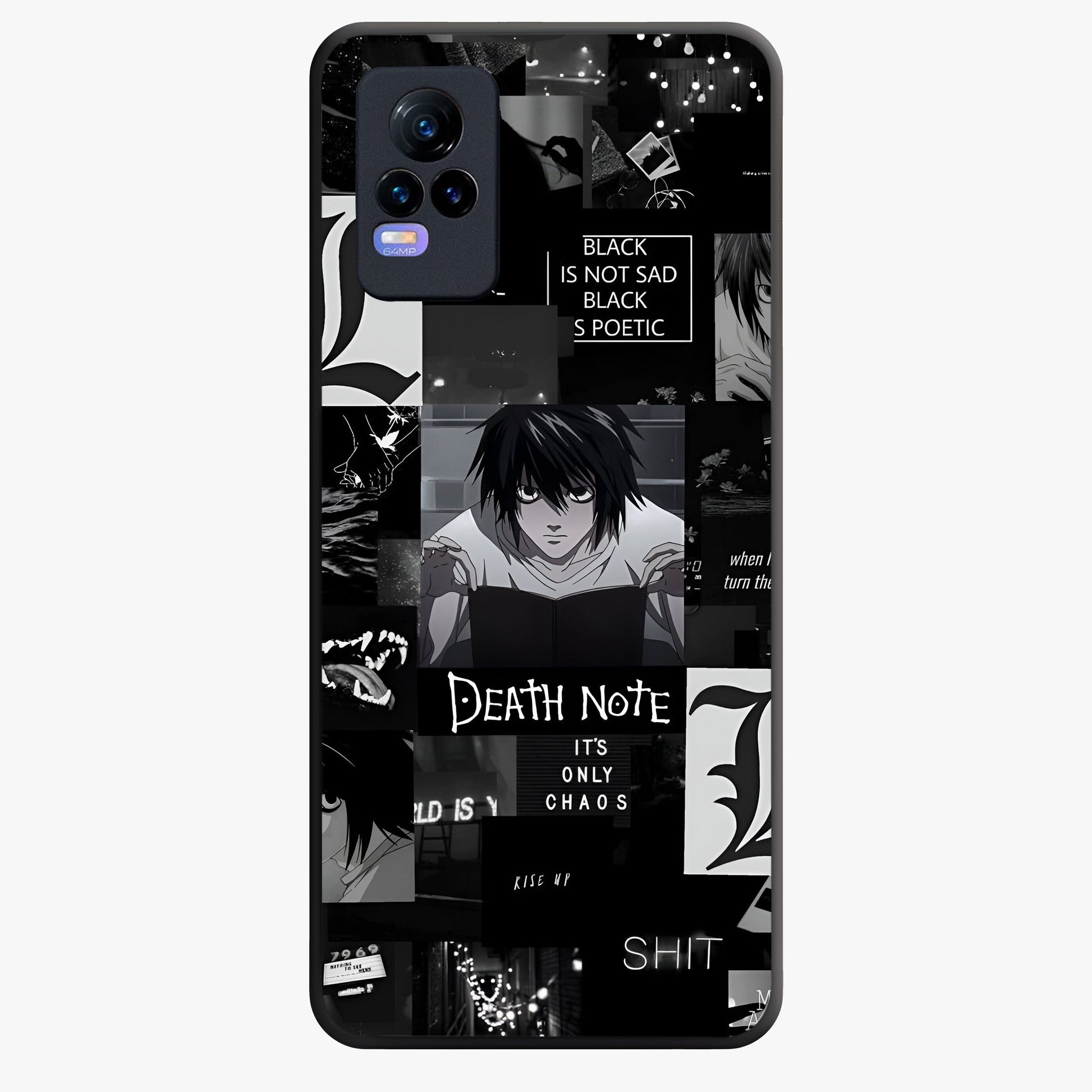 Midnight Chaos Mind Glass Case showing flat back view with abstract dark themed artwork and glossy glass finish.
