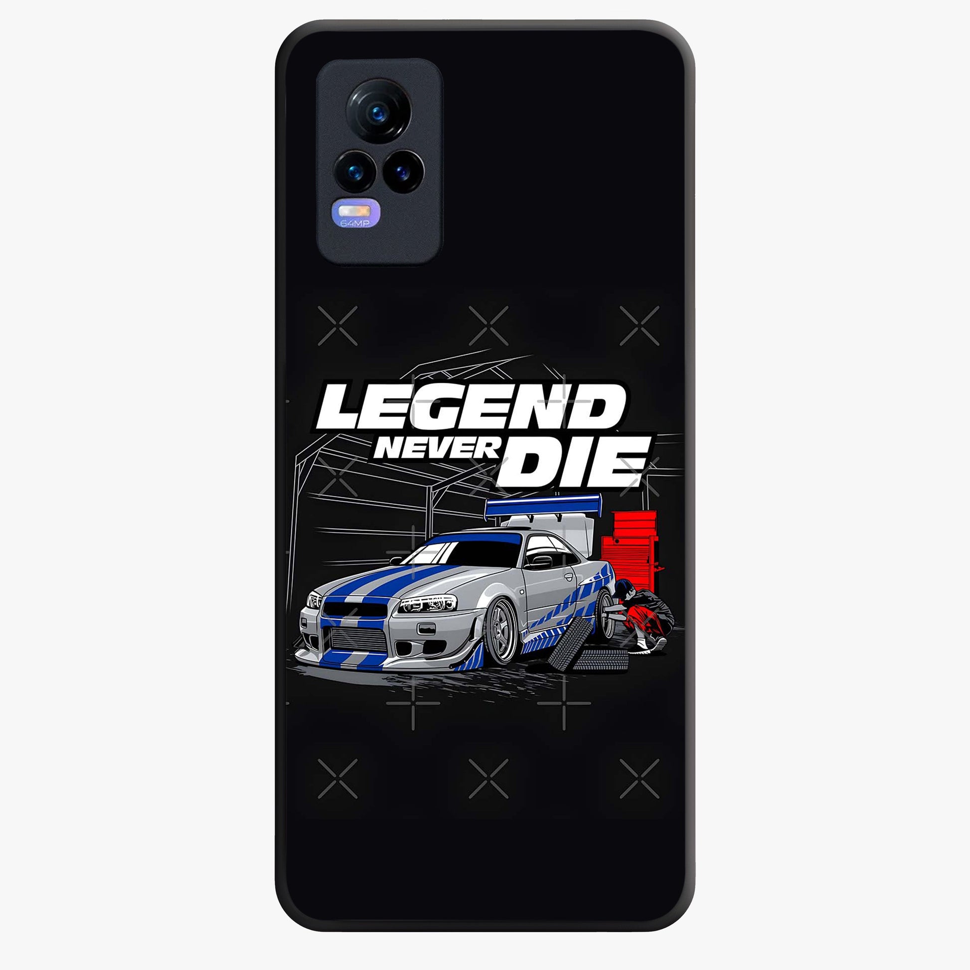 Midnight Racing Legacy Glass Case showing flat back view with sleek racing inspired artwork and glossy glass finish.