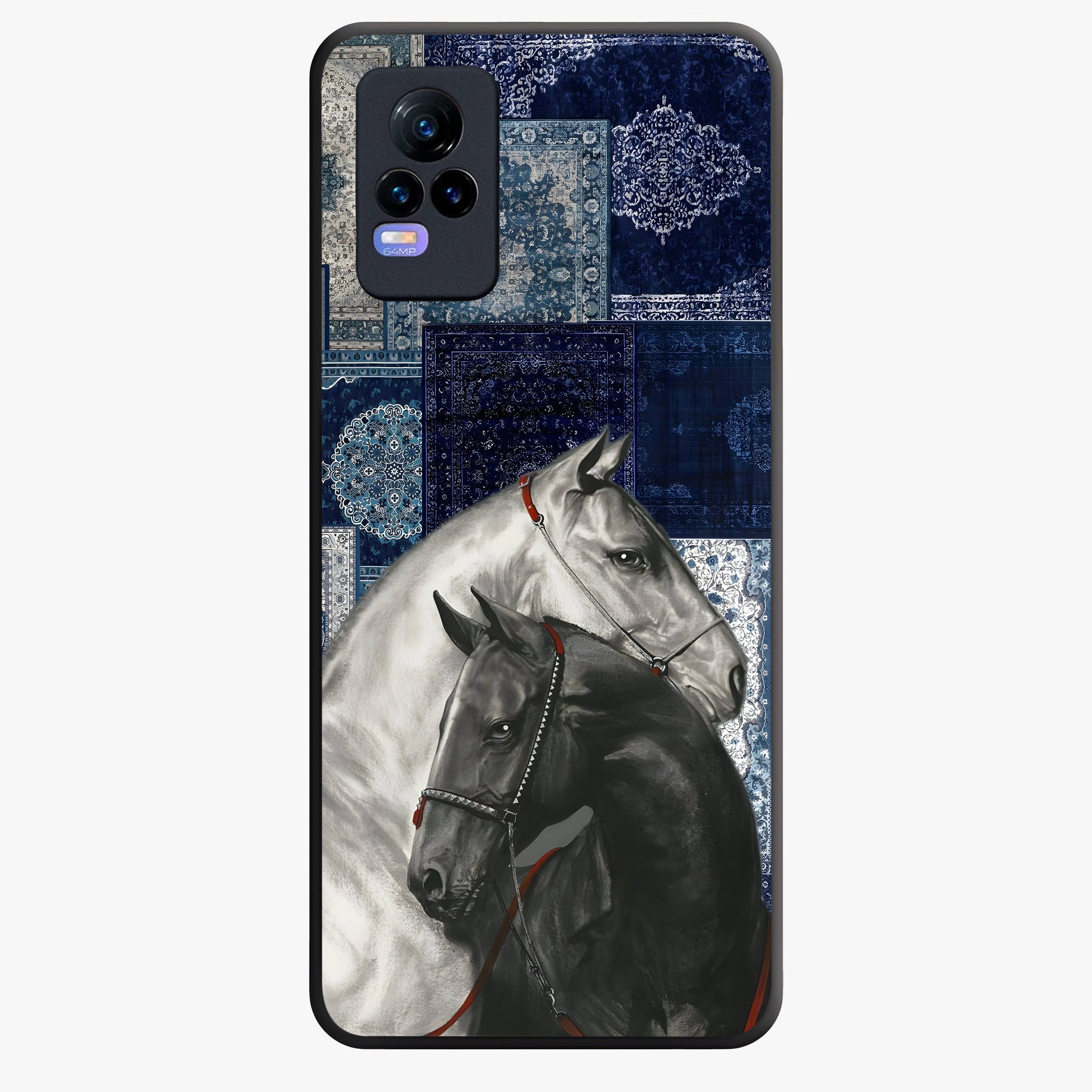 Midnight Stallion Blues Glass Case showing flat back view with majestic horse artwork and glossy glass finish.