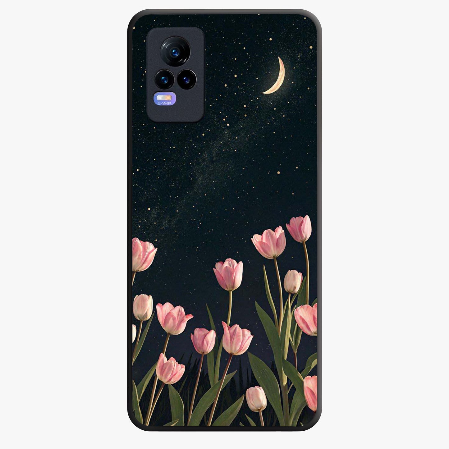 Midnight Tulip Whispers Vibe Glass Case showing flat back view with elegant tulip flower artwork and glossy glass finish.
