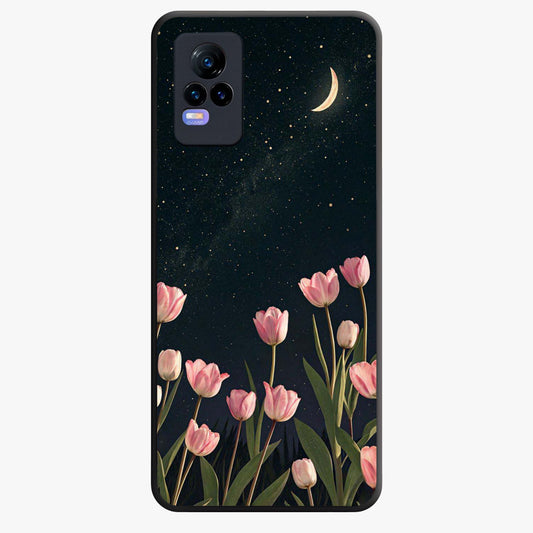 Midnight Tulip Whispers Vibe Glass Case showing flat back view with elegant tulip flower artwork and glossy glass finish.