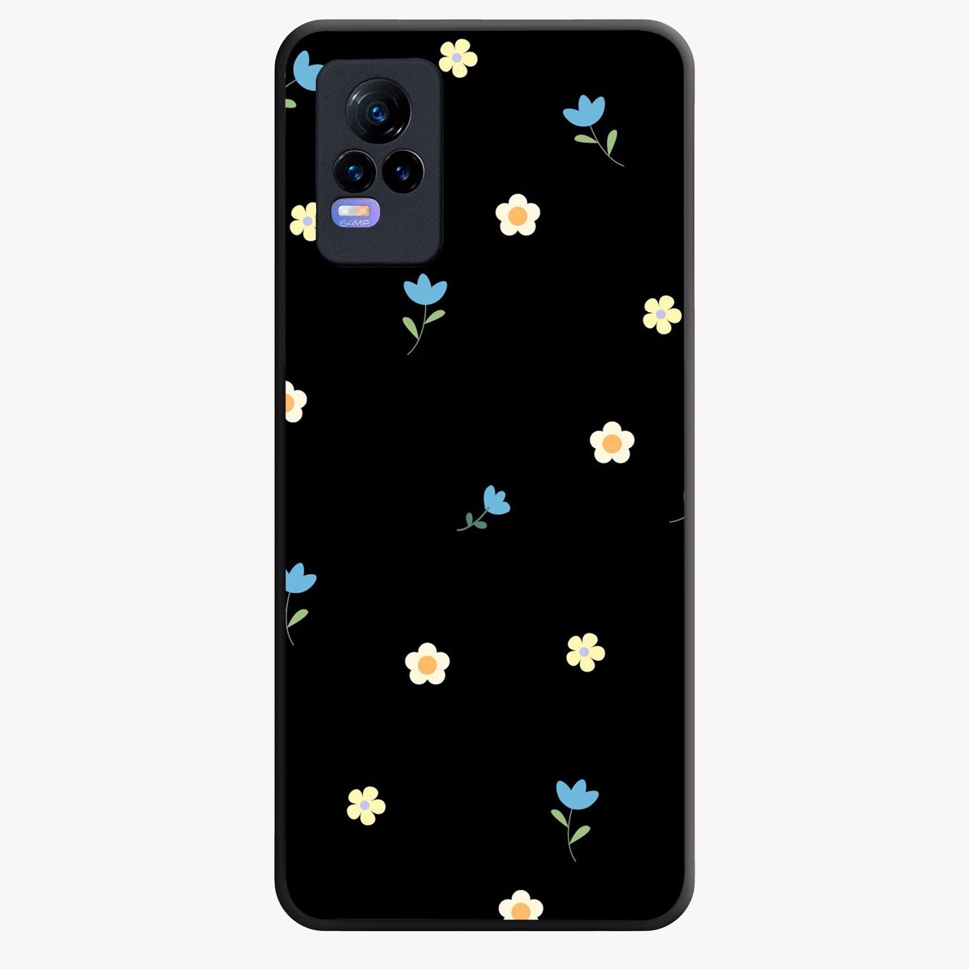 Minimalistic Blue With White Flower Pattern Glass Case showing flat back view with blue background and white flower pattern and glossy glass finish.