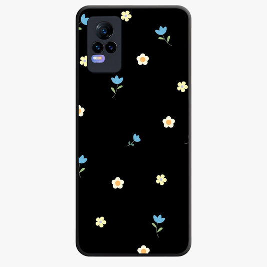Minimalistic Blue With White Flower Pattern Glass Case showing flat back view with blue background and white flower pattern and glossy glass finish.