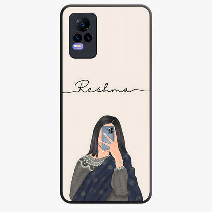 Mirror Mood Muse With Custom Name Glass Case showing flat back view with stylish mirrored artwork and personalized name design.