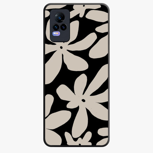 Monochrome Petal Dance Glass Case showing flat back view with monochrome floral artwork and glossy glass finish.