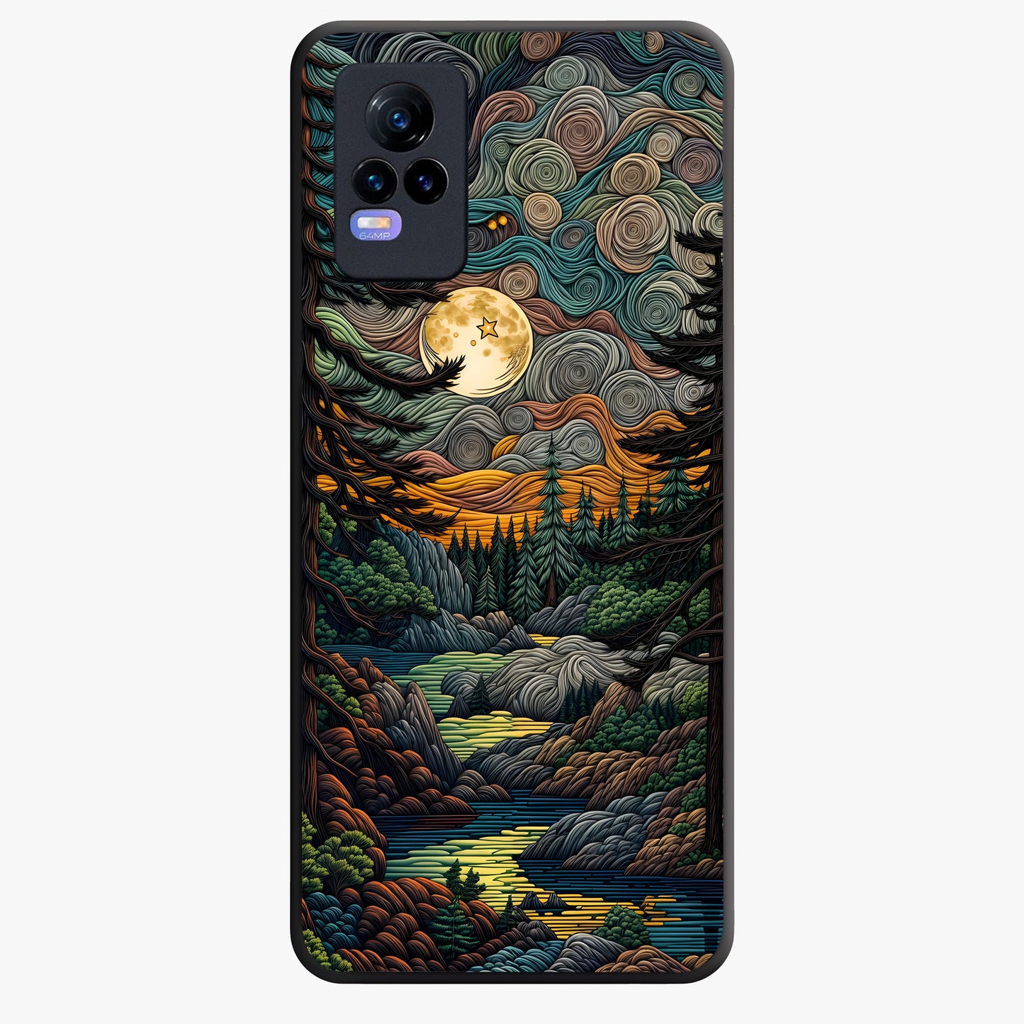 Moonlight Forest Dream Glass Case showing flat back view with mystical forest moonlight artwork and glossy glass finish.