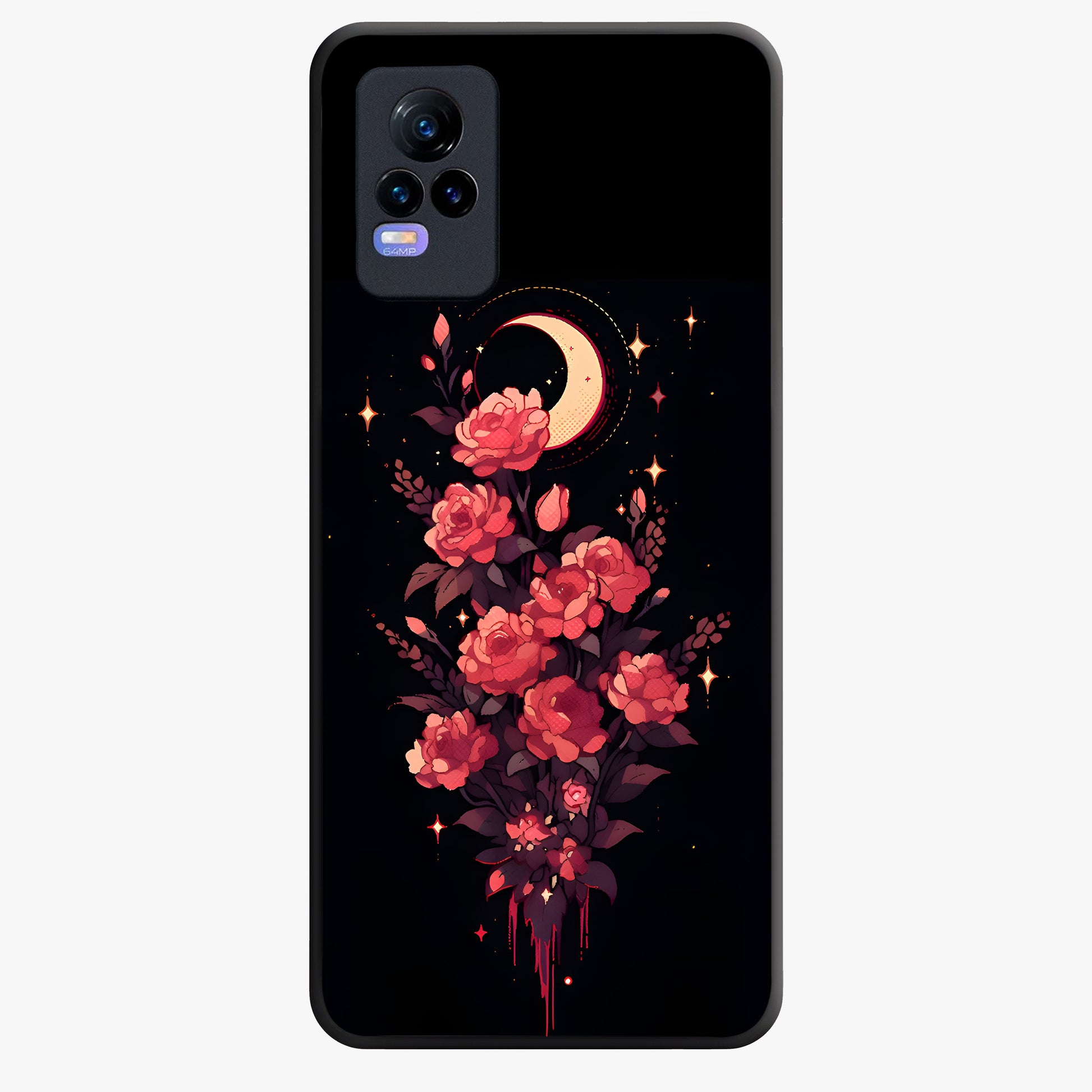 Moonlit Floral Elegance Glass Case showing flat back view with elegant floral artwork under moonlit tones and glossy glass finish.