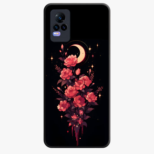 Moonlit Floral Elegance Glass Case showing flat back view with elegant floral artwork under moonlit tones and glossy glass finish.