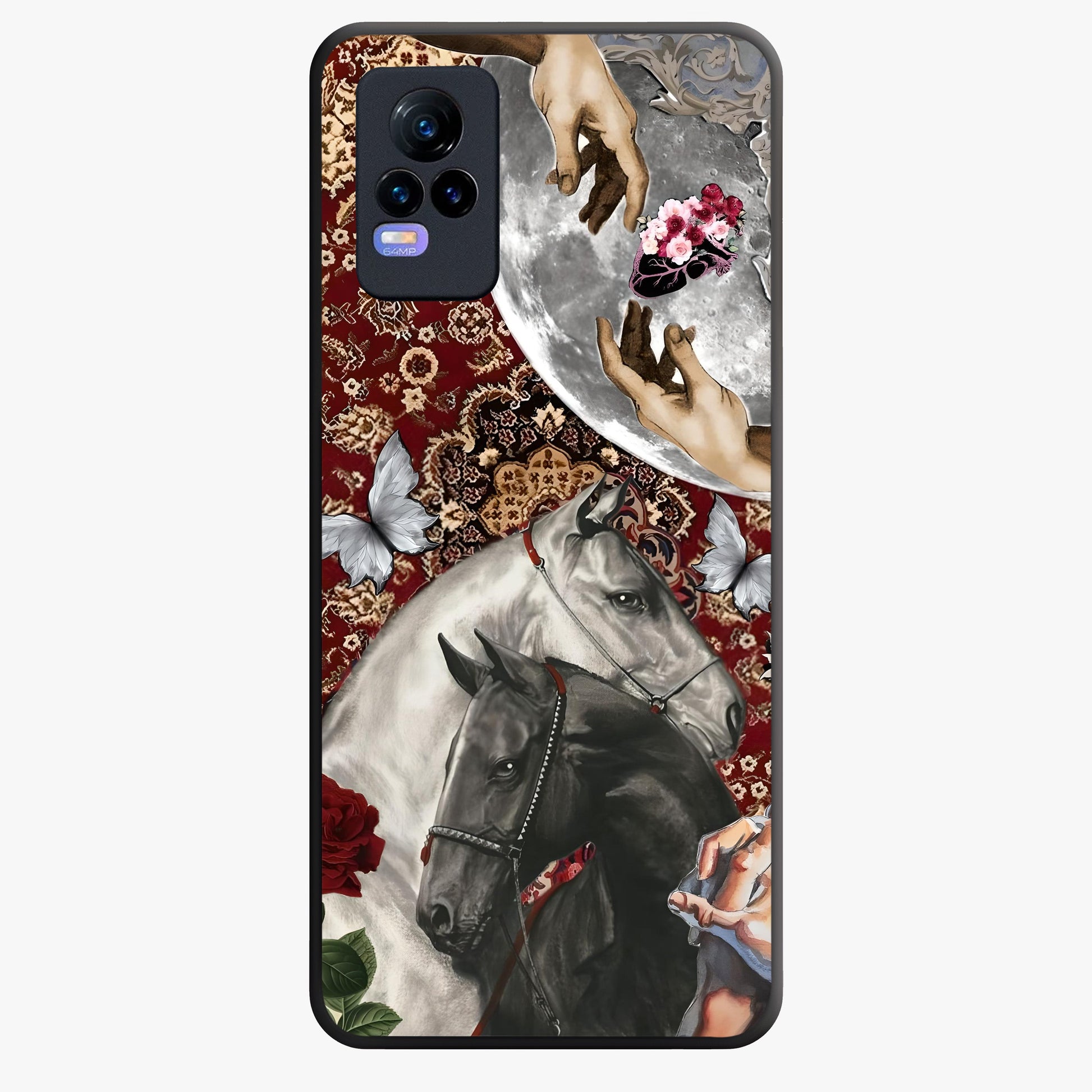 Moonlit Royal Stallion Glass Case showing flat back view with majestic horse under moonlight artwork and glossy glass finish.