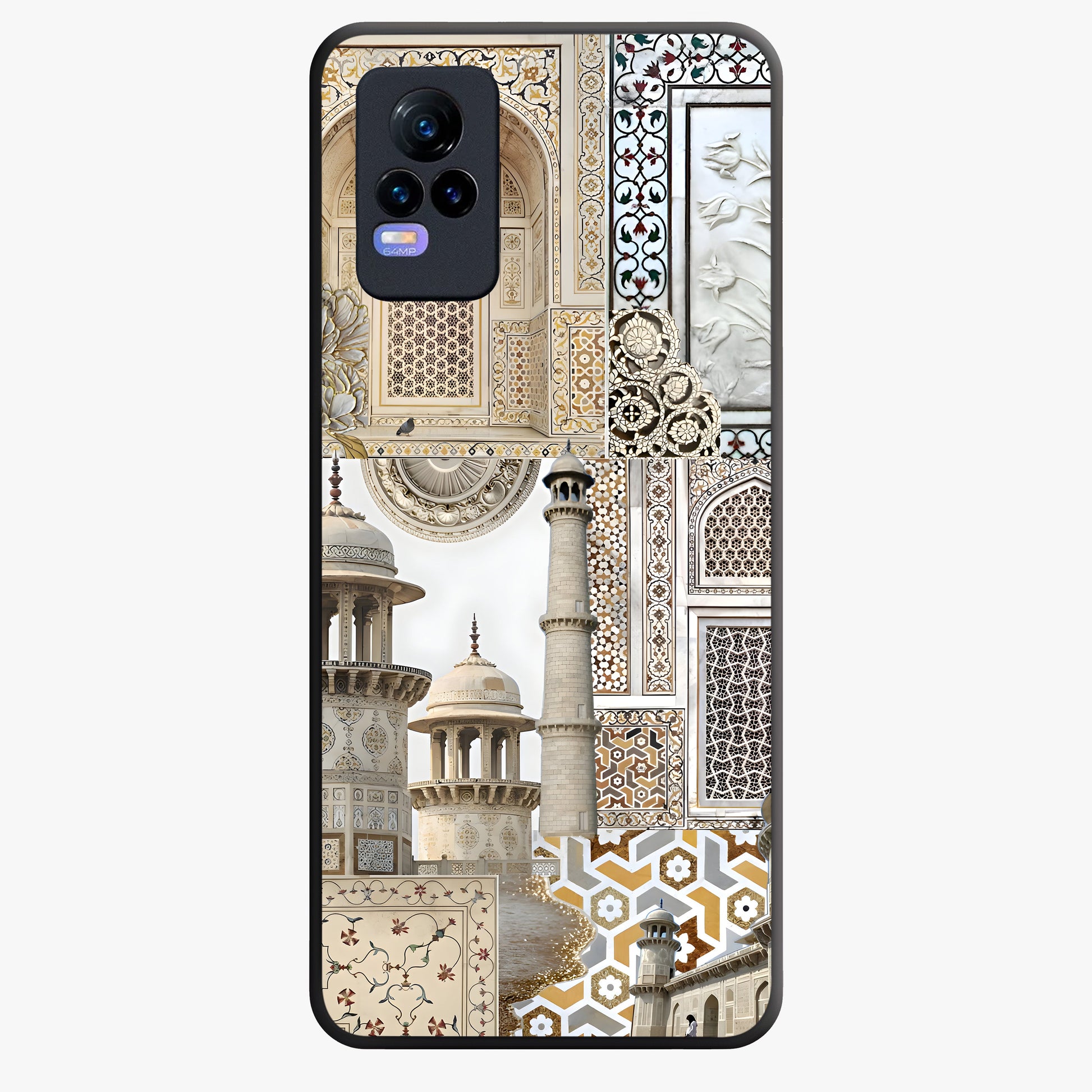 Mughal Marble Legacy Glass Case showing flat back view with intricate Mughal inspired marble pattern and glossy glass finish.