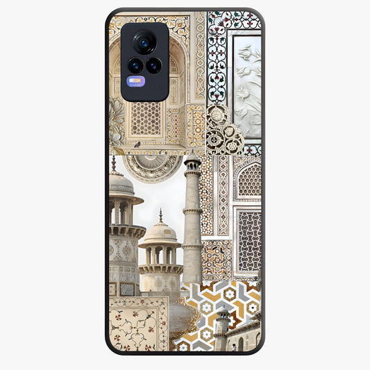 Mughal Marble Legacy Glass Case showing flat back view with intricate Mughal inspired marble pattern and glossy glass finish.