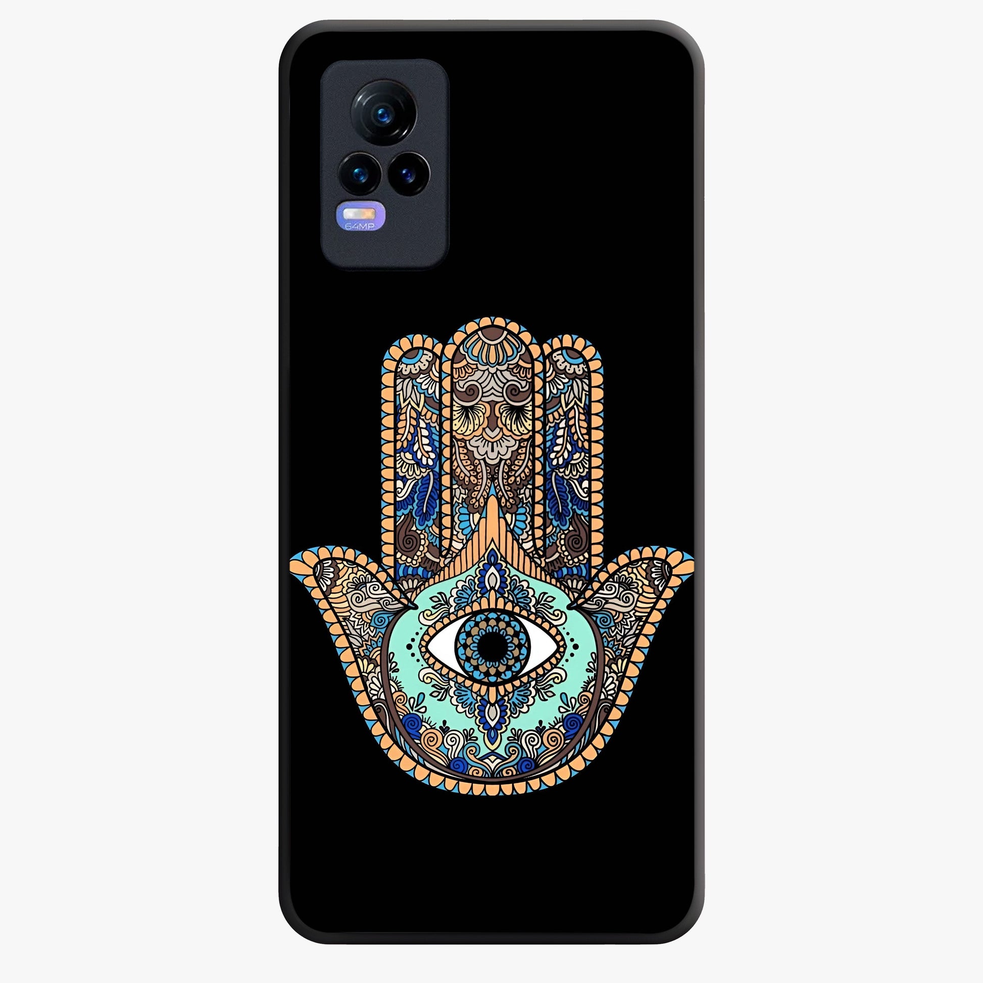 Mystic Hamsa Eye Glass Case showing flat back view with protective hamsa hand and evil eye artwork and glossy glass finish.