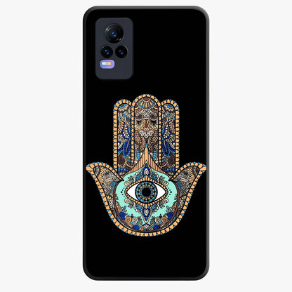 Mystic Hamsa Eye Glass Case showing flat back view with protective hamsa hand and evil eye artwork and glossy glass finish.
