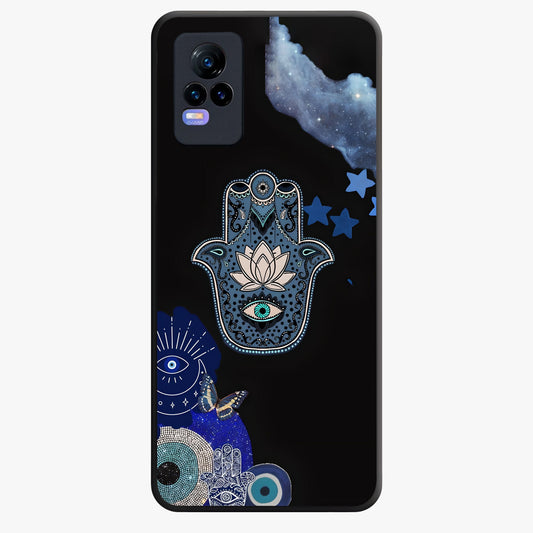 Mystic Hand Aura Glass Case showing flat back view with mystical hand symbol artwork and glossy glass finish.