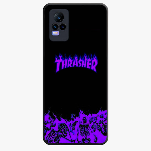 Neon Flame Riot Glass Case showing flat back view with neon flame artwork and glossy glass finish.