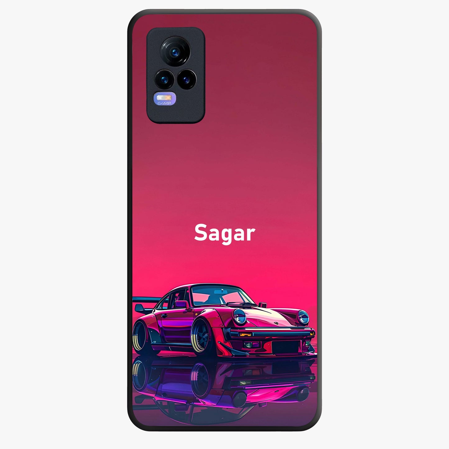 Neon Pink Porsche Glass Case showing flat back view with stylish sports car artwork and glossy glass finish.