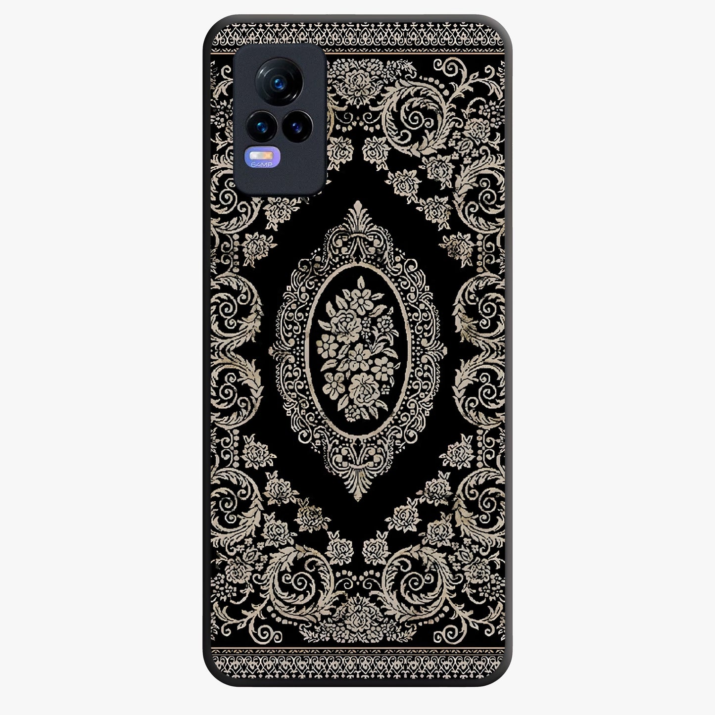 Noir Bloom Elegance Glass Case showing flat back view with elegant dark floral artwork and glossy glass finish.